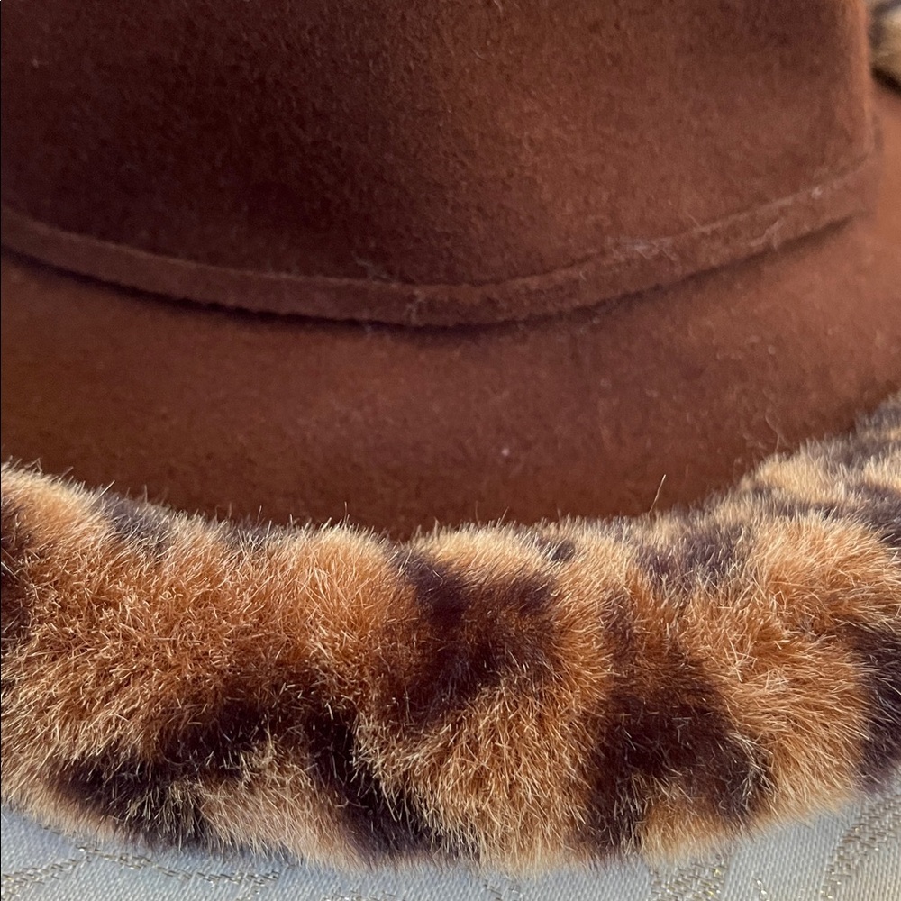 Vintage Fall Wool Brown Hat w/Animal Faux Fur Print Trim - Picture 6 of 13